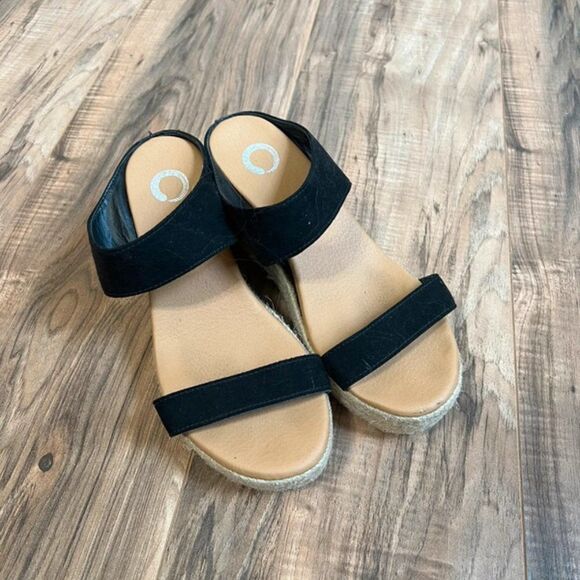 Shoes - Black Two-Strap Espadrille Wedge Sandals